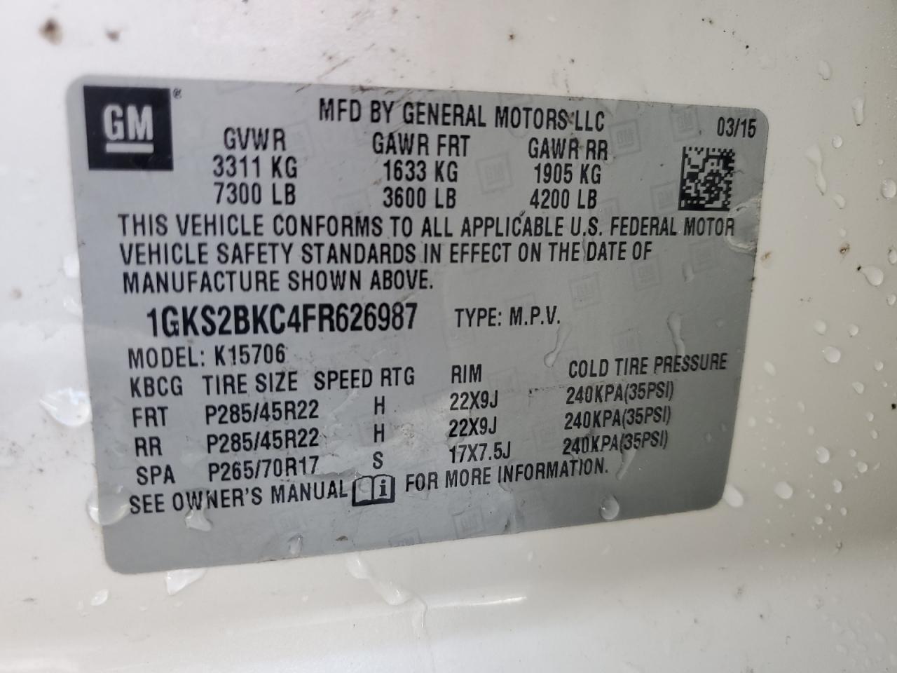 2015 GMC Yukon Slt VIN: 1GKS2BKC4FR626987 Lot: 87064145