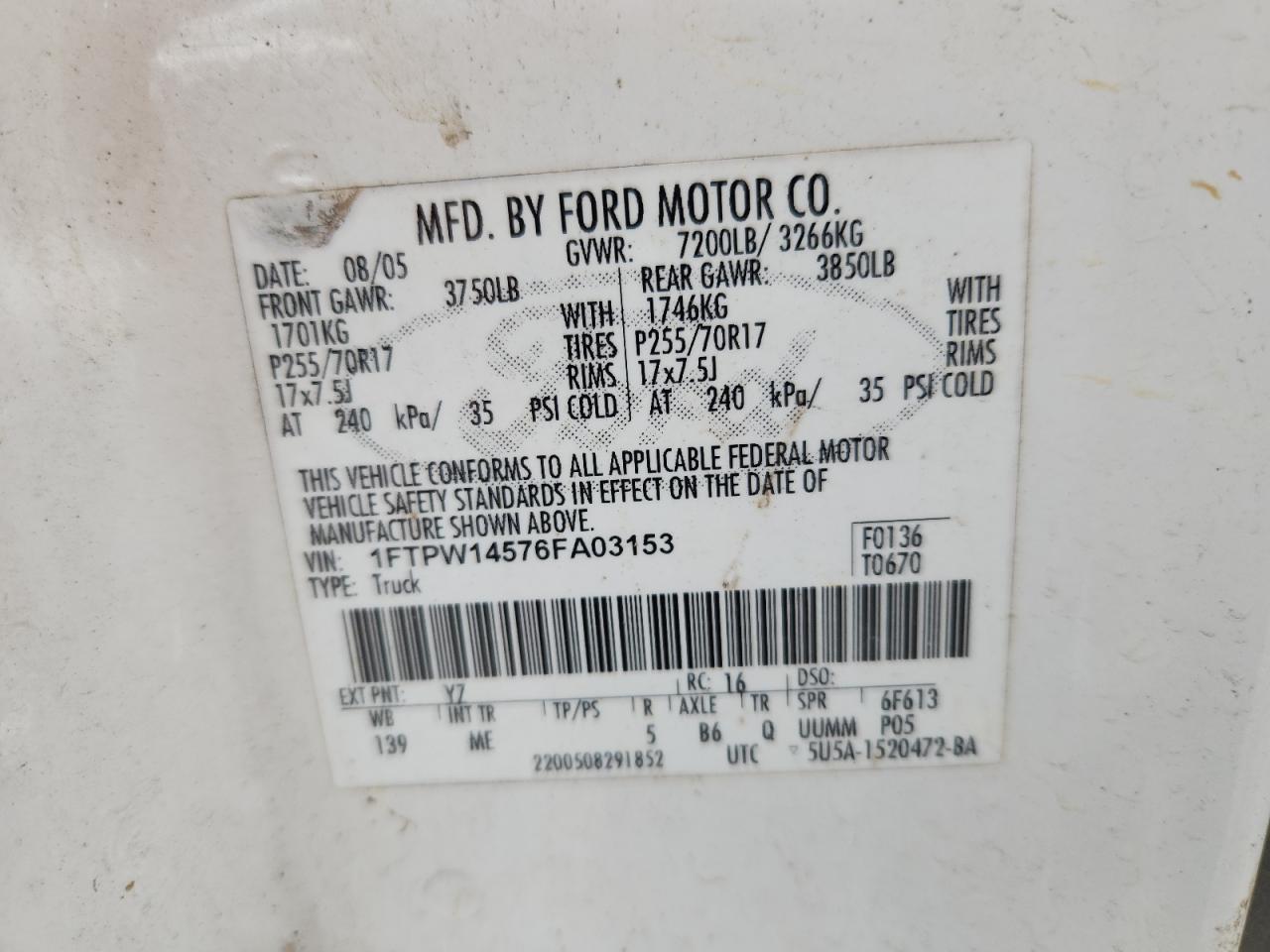 2006 Ford F150 Supercrew VIN: 1FTPW14576FA03153 Lot: 82357785