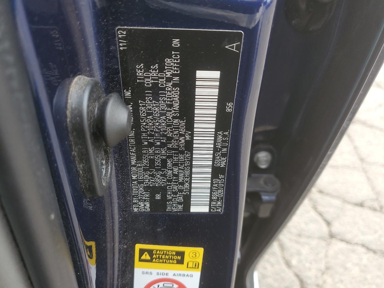 2013 Toyota Highlander Base VIN: 5TDBK3EH8DS191267 Lot: 85548305