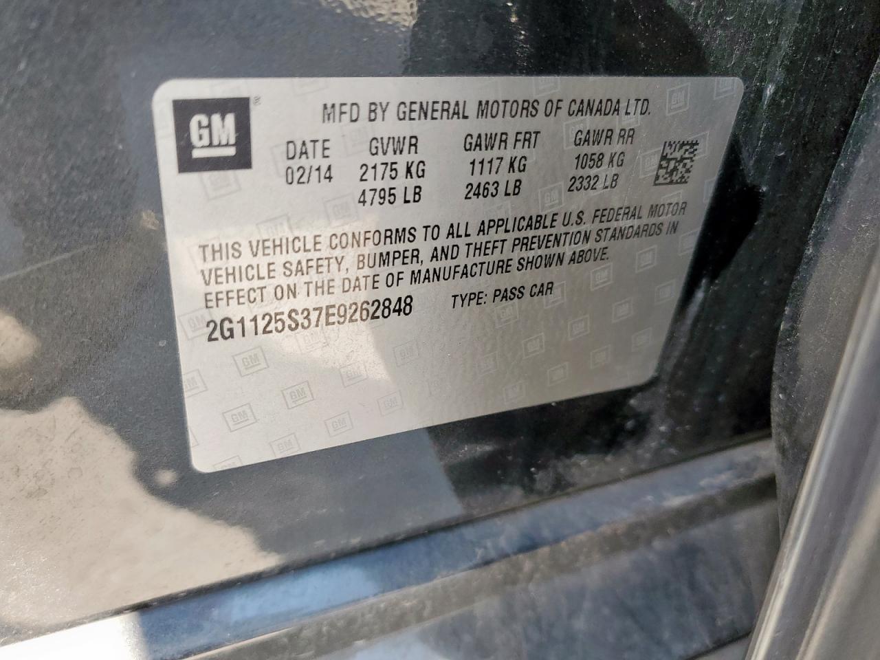 2014 Chev Impala Lt VIN: 2G1125S37E9262848 Lot: 84400975