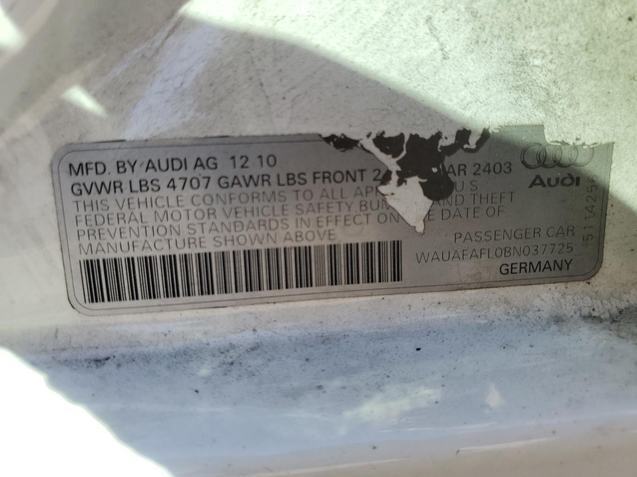 2011 Audi A4 Premium VIN: WAUAFAFL0BN037725 Lot: 82308745