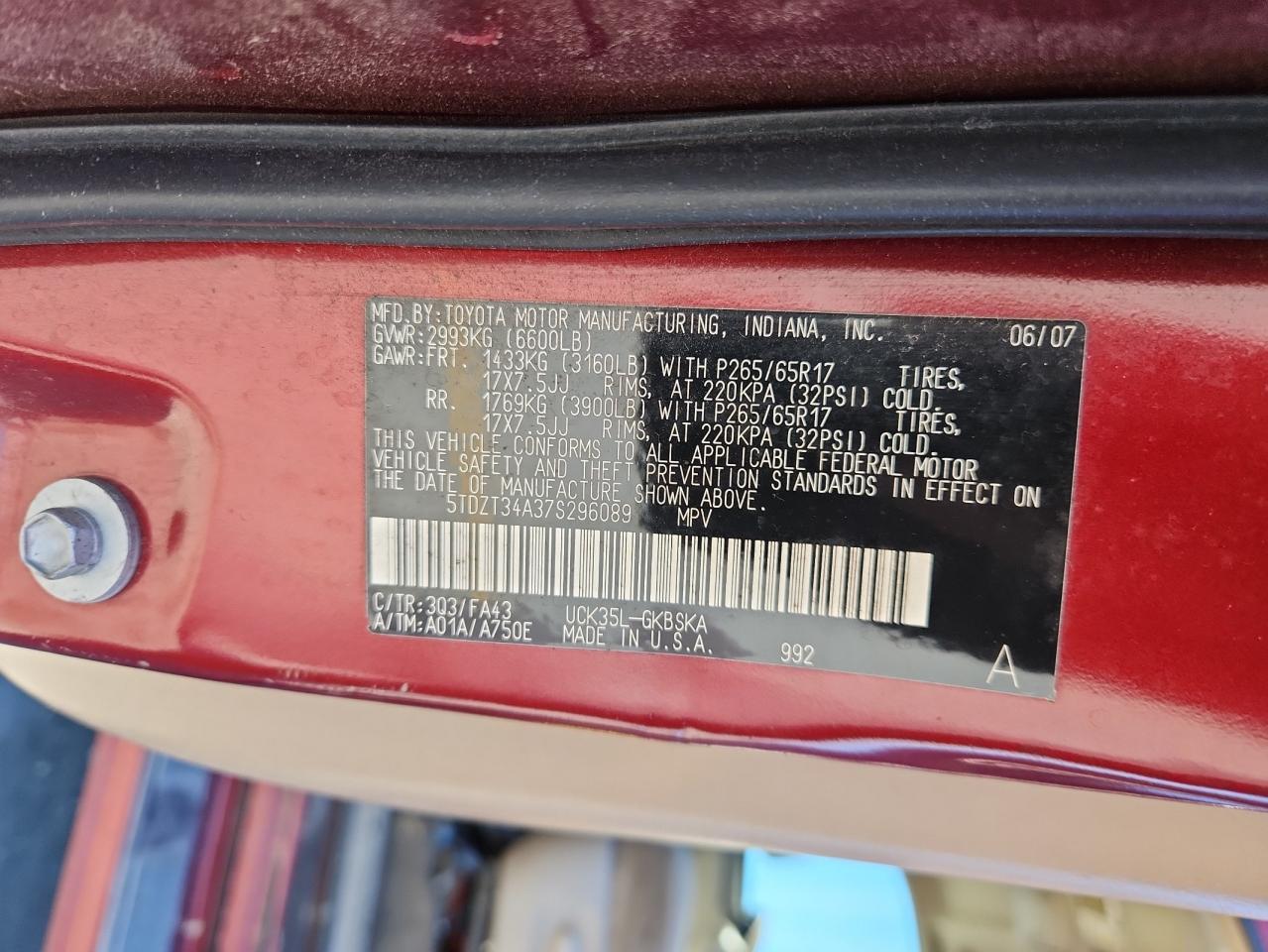 2007 Toyota Sequoia Sr5 VIN: 5TDZT34A37S296089 Lot: 87087325