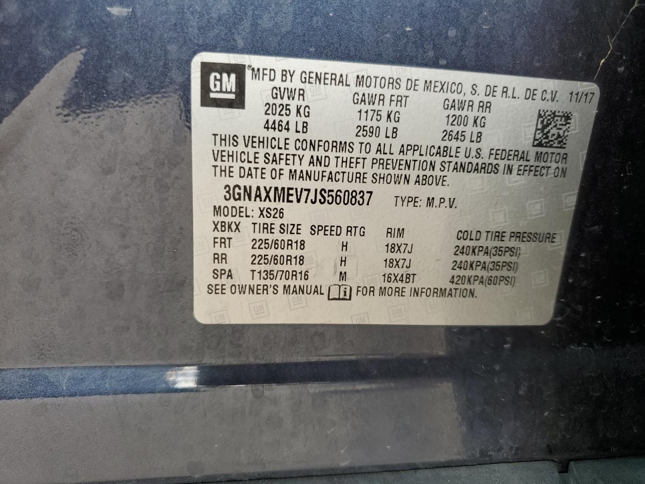 2018 Chevrolet Equinox Premier VIN: 3GNAXMEV7JS560837 Lot: 84935975