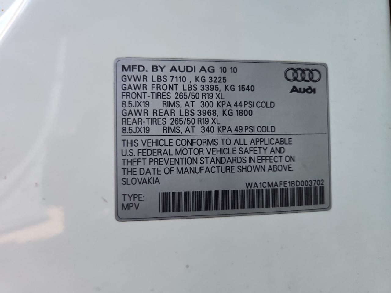 2011 Audi Q7 Premium VIN: WA1CMAFE1BD003702 Lot: 82520395