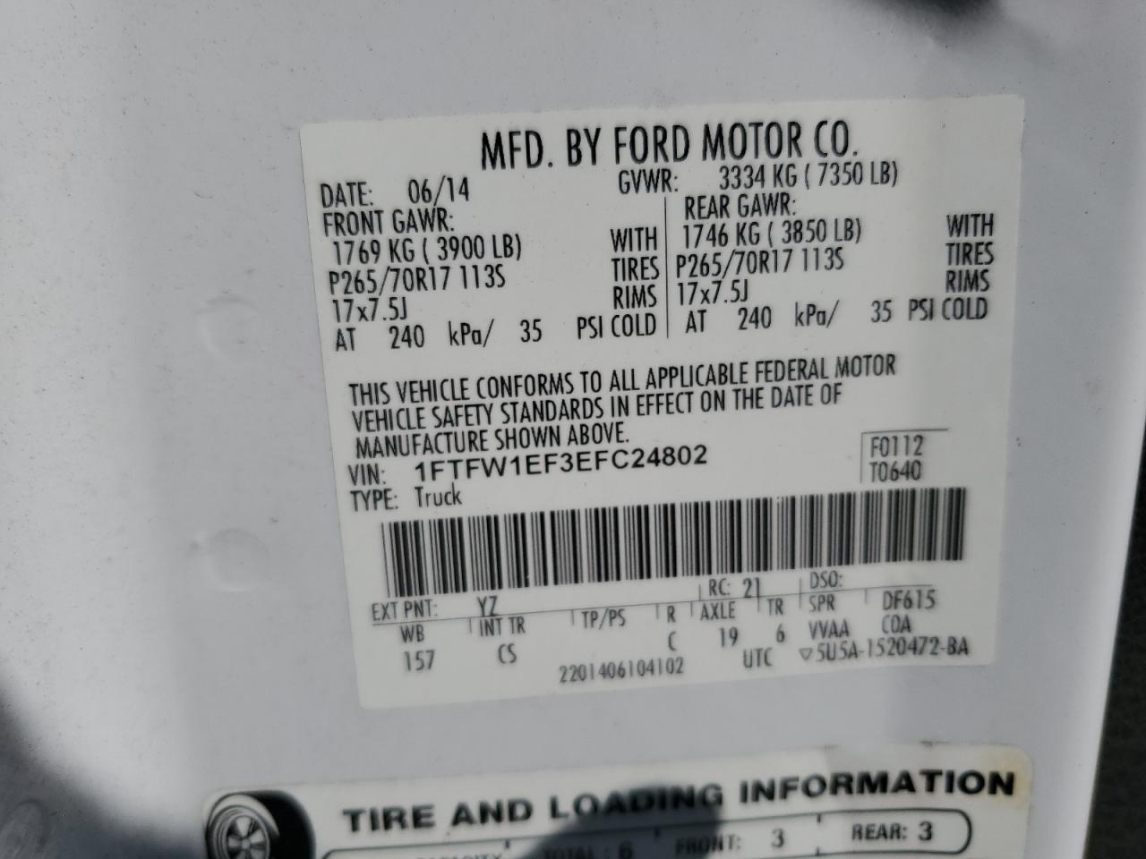 2014 Ford F150 Supercrew VIN: 1FTFW1EF3EFC24802 Lot: 82442265