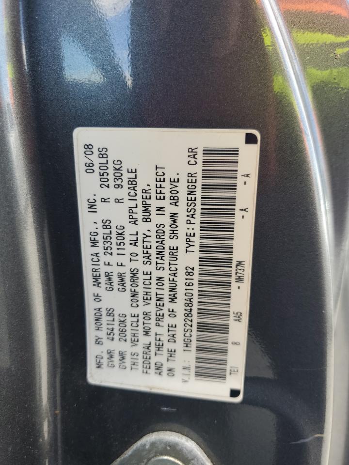 2008 Honda Accord Exl VIN: 1HGCS22848A016182 Lot: 86874795
