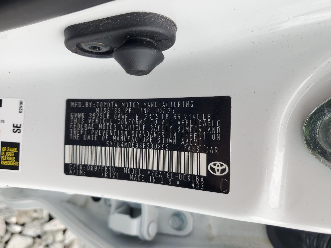 2025 Toyota Corolla Le VIN: 5YFB4MDE9SP280892 Lot: 85757555