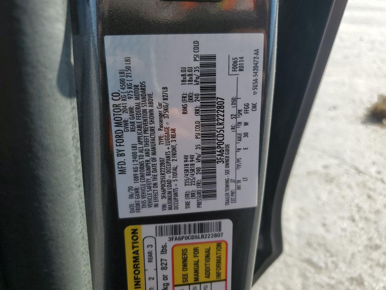 2020 Ford Fusion Sel VIN: 3FA6P0CD5LR222807 Lot: 86743165