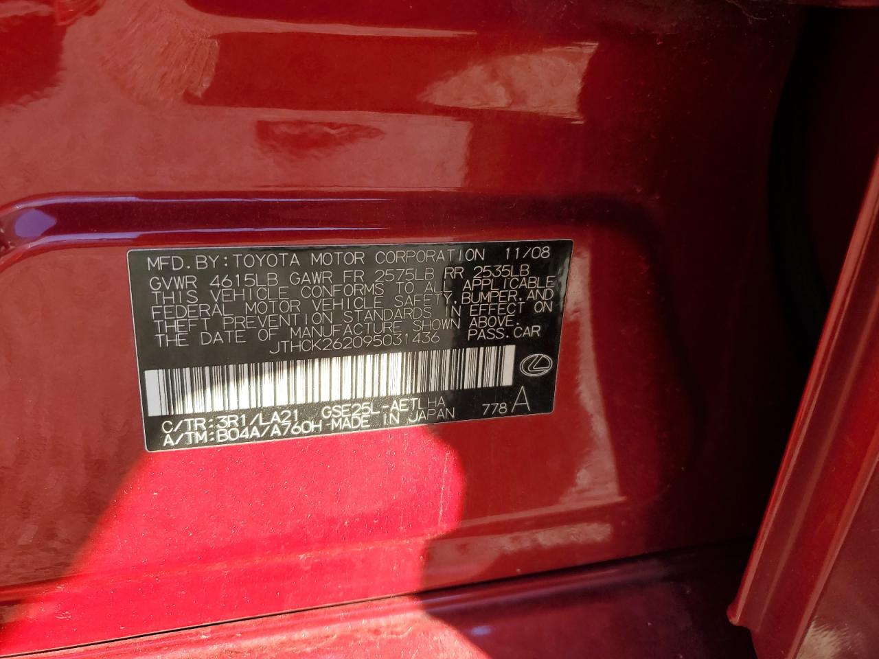 2009 Lexus Is 250 VIN: JTHCK262095031436 Lot: 86086025