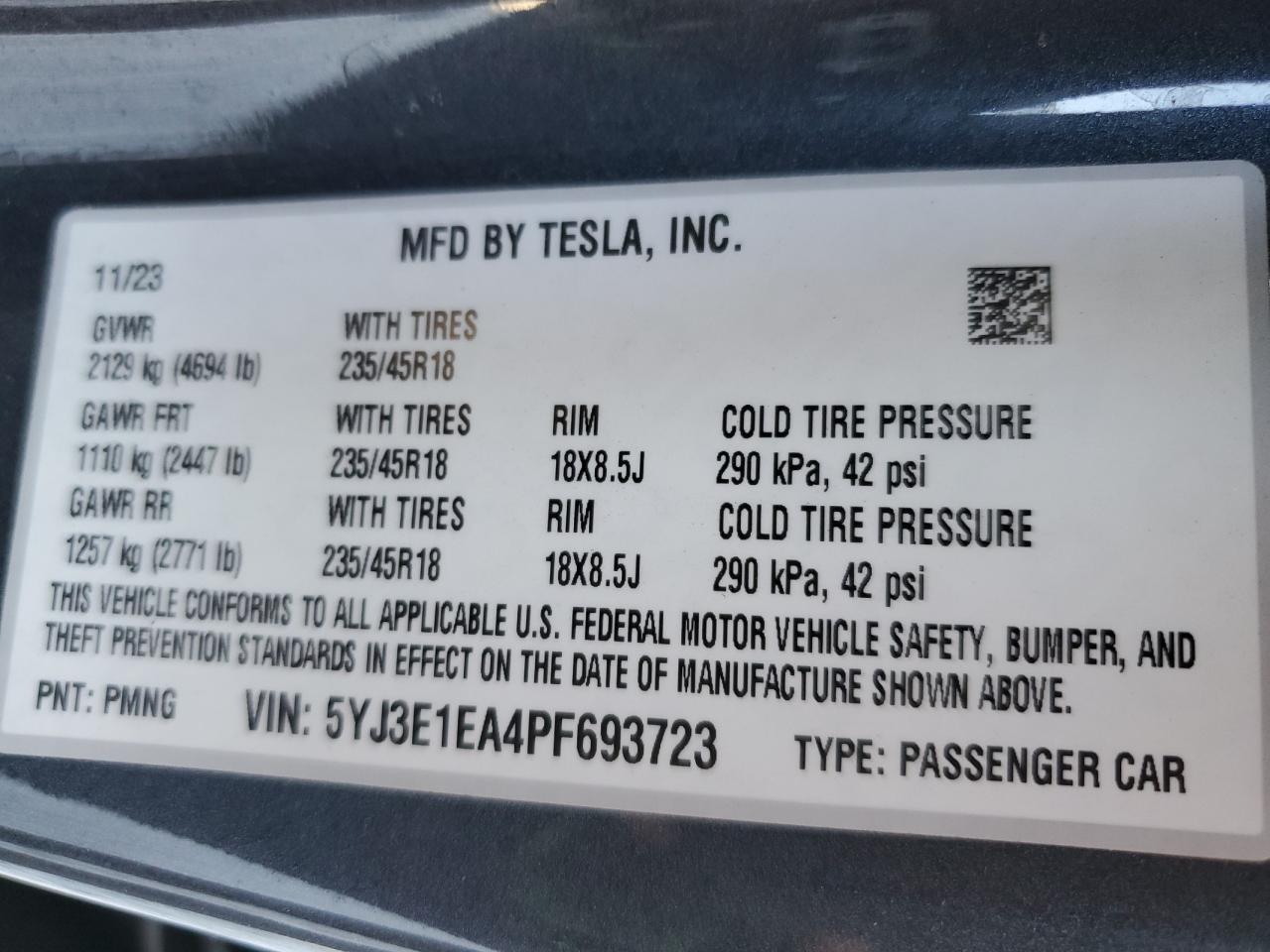2023 Tesla Model 3 VIN: 5YJ3E1EA4PF693723 Lot: 90037275