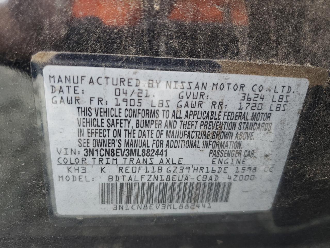 2021 Nissan Versa Sv VIN: 3N1CN8EV3ML882441 Lot: 82444705