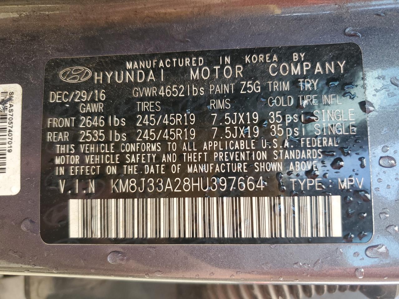 2017 Hyundai Tucson Limited VIN: KM8J33A28HU397664 Lot: 81141855
