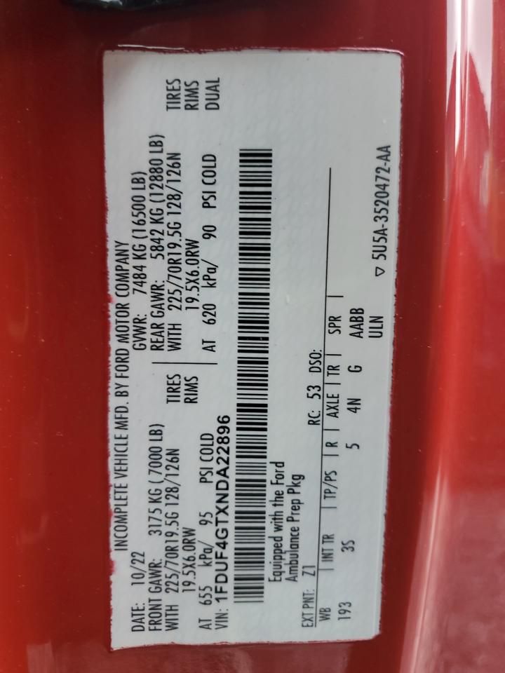 2022 Ford F450 Super Duty VIN: 1FDUF4GTXNDA22896 Lot: 85704705