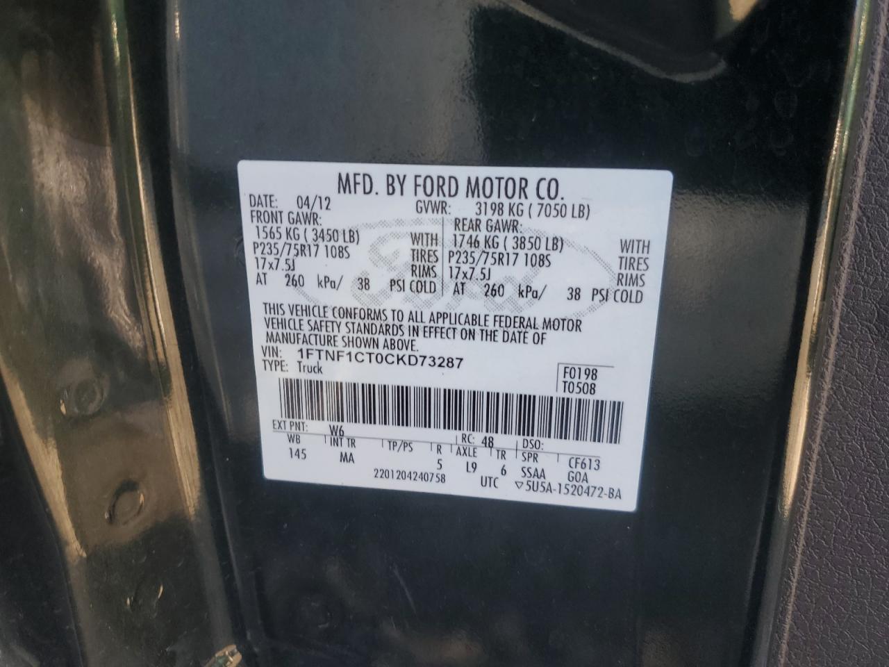 2012 Ford F150 VIN: 1FTNF1CT0CKD73287 Lot: 86266835