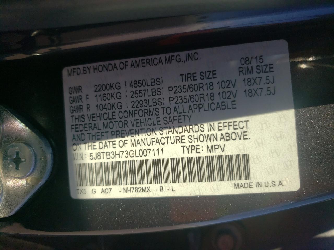 2016 Acura Rdx Advance VIN: 5J8TB3H73GL007111 Lot: 90974425