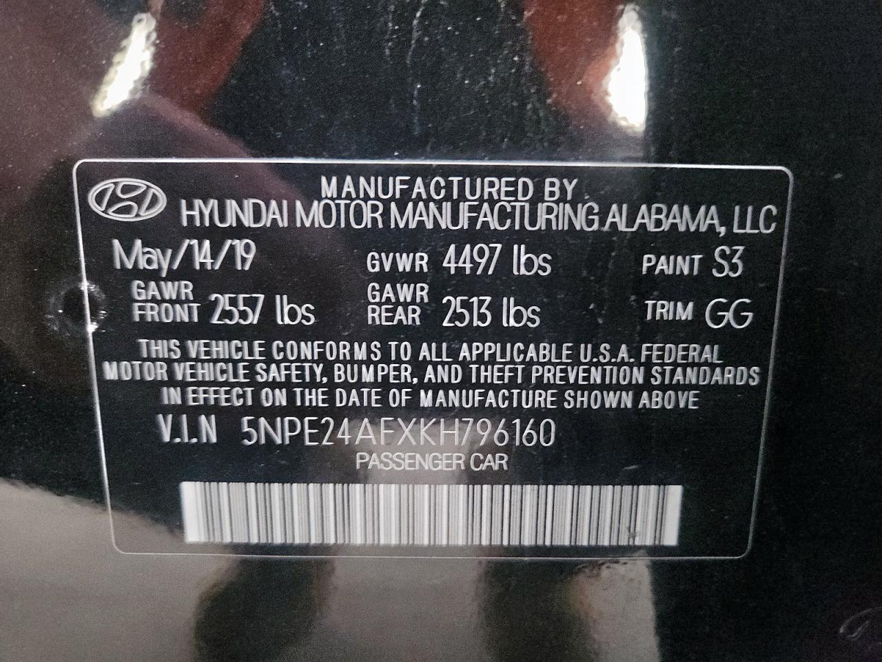 2019 Hyundai Sonata Se VIN: 5NPE24AFXKH796160 Lot: 86266855