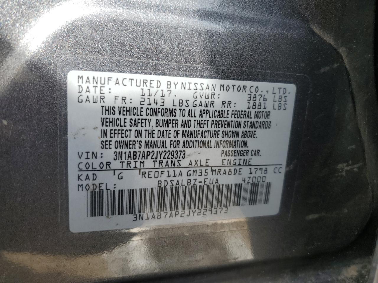 2018 Nissan Sentra S VIN: 3N1AB7AP2JY229373 Lot: 81978035