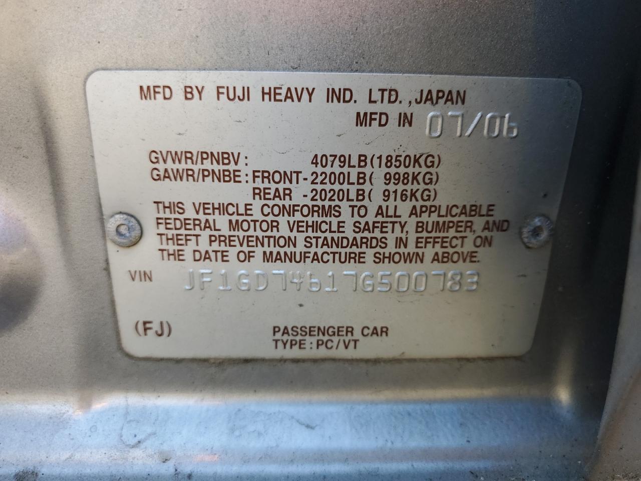 2007 Subaru Impreza Wrx VIN: JF1GD74617G500783 Lot: 82009215