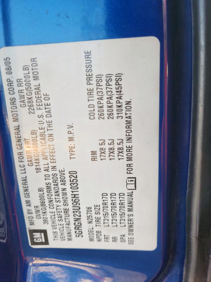 2006 Hummer H2 VIN: 5GRGN23U96H103520 Lot: 81973165