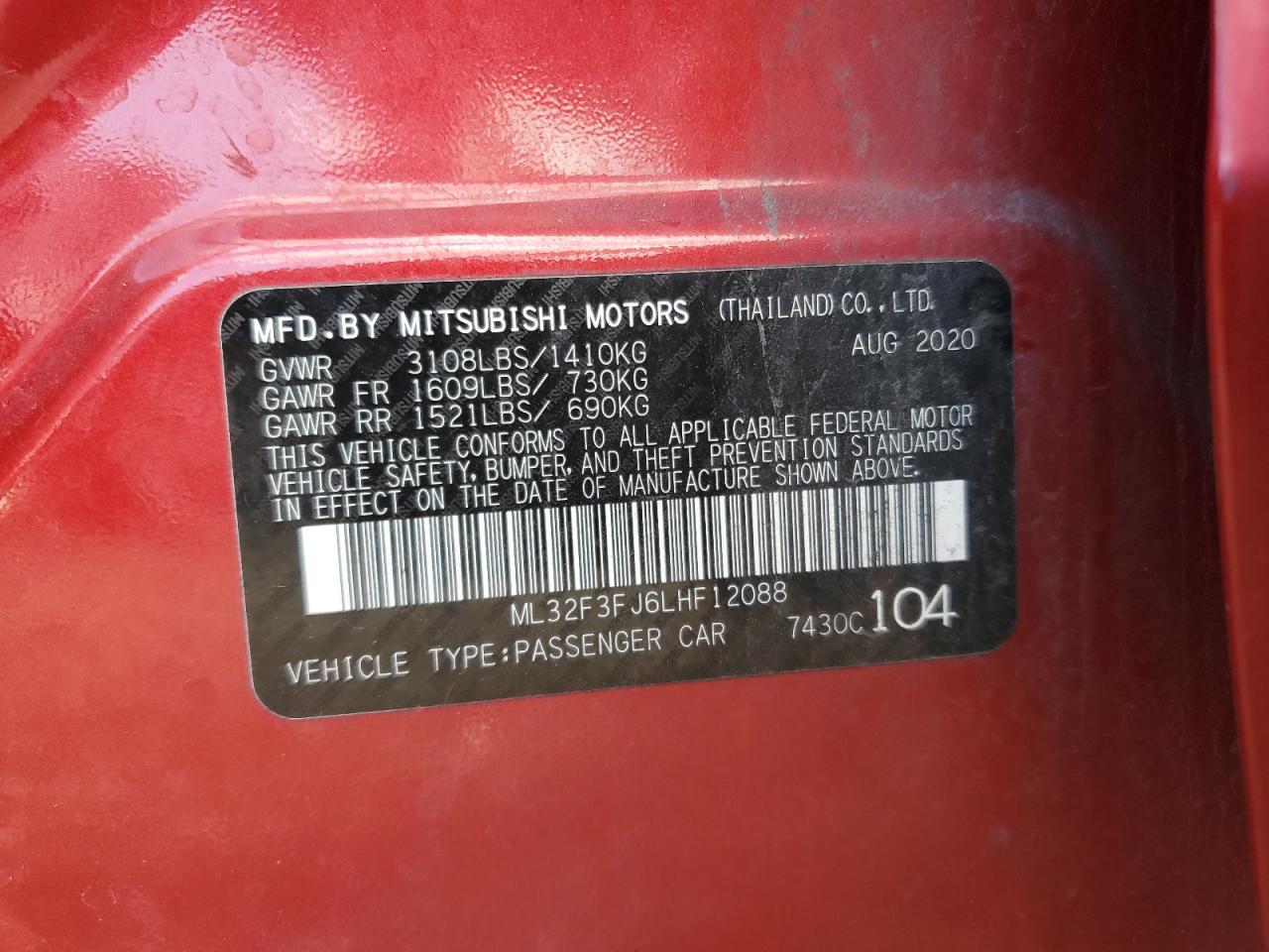 2020 Mitsubishi Mirage G4 Es VIN: ML32F3FJ6LHF12088 Lot: 91018195