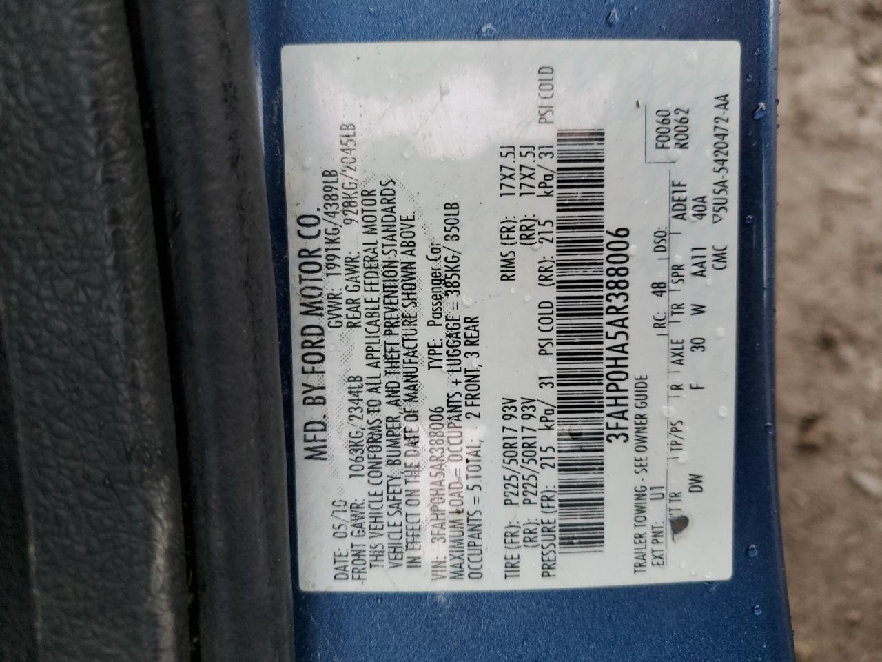 2010 Ford Fusion Se VIN: 3FAHP0HA5AR388006 Lot: 90020865