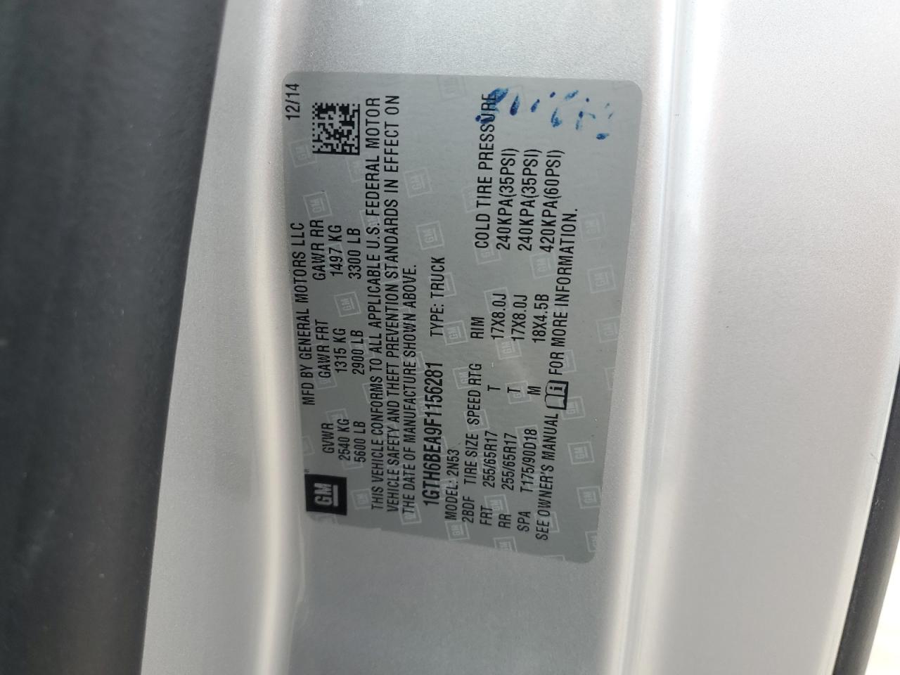 2015 GMC Canyon Sle VIN: 1GTH6BEA9F1156281 Lot: 86428795