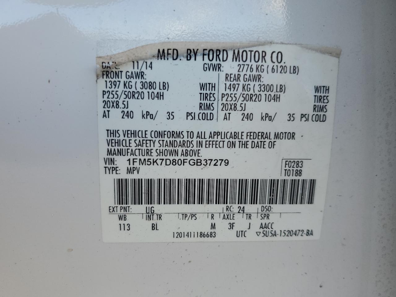 2015 Ford Explorer Xlt VIN: 1FM5K7D80FGB37279 Lot: 85301335