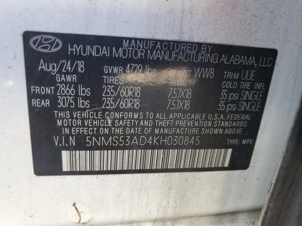 2019 Hyundai Santa Fe Limited VIN: 5NMS53AD4KH030845 Lot: 87262955