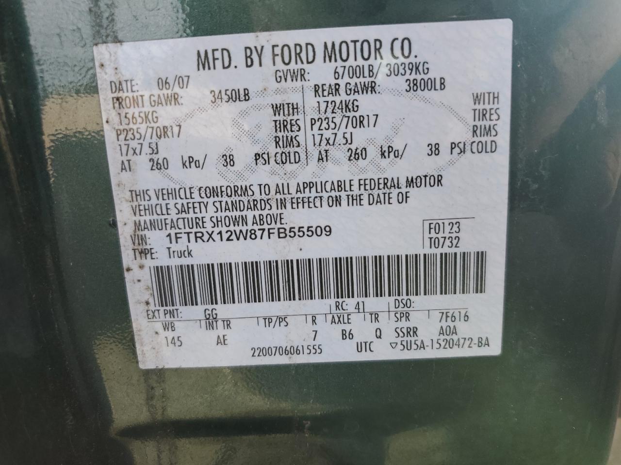 2007 Ford F150 VIN: 1FTRX12W87FB55509 Lot: 90661035