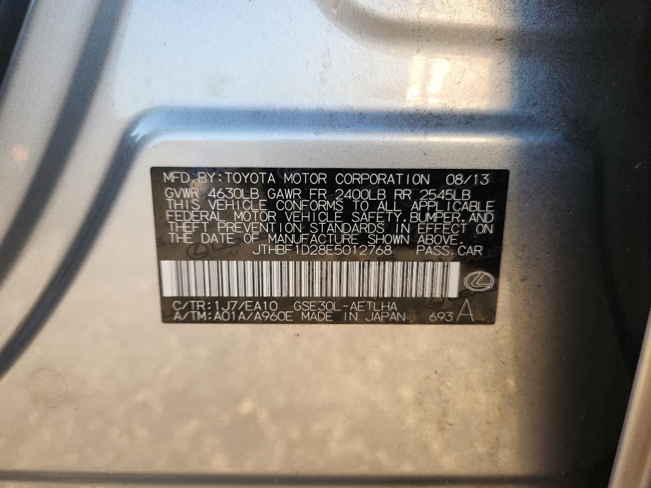 2014 Lexus Is 250 VIN: JTHBF1D28E5012768 Lot: 81993265