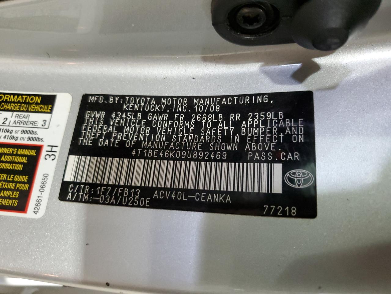 2009 Toyota Camry Base VIN: 4T1BE46K09U892469 Lot: 82448995