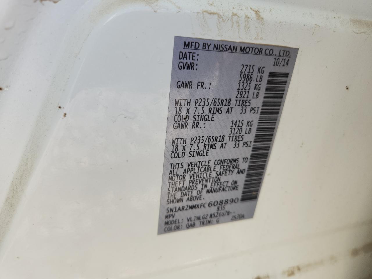 2015 Nissan Pathfinder S VIN: 5N1AR2MMXFC608890 Lot: 90347195