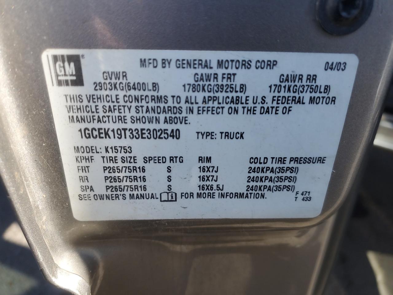 2003 Chevrolet Silverado K1500 VIN: 1GCEK19T33E302540 Lot: 85903575