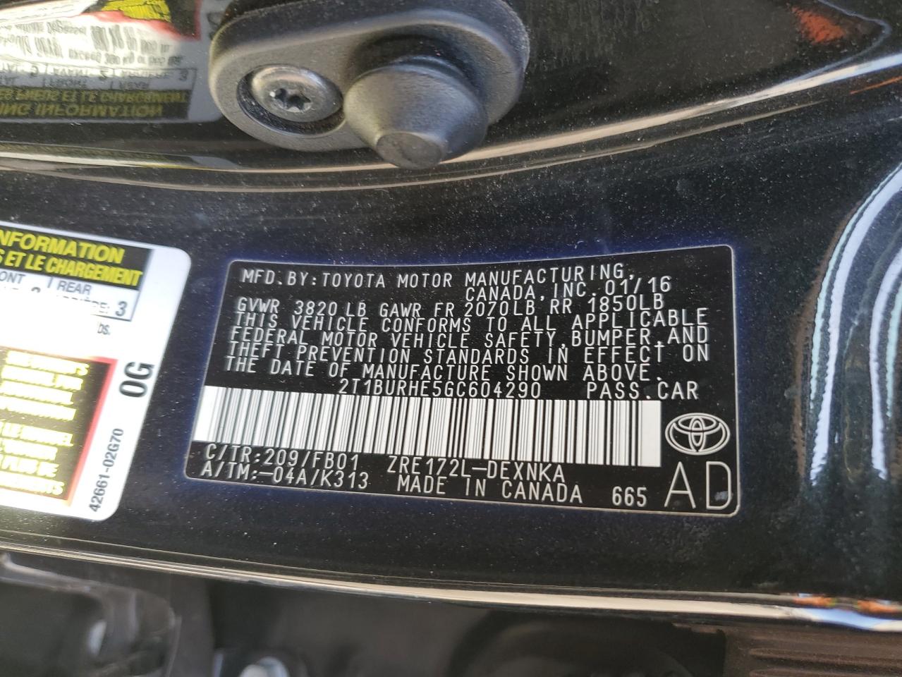 2016 Toyota Corolla L VIN: 2T1BURHE5GC604290 Lot: 84910925