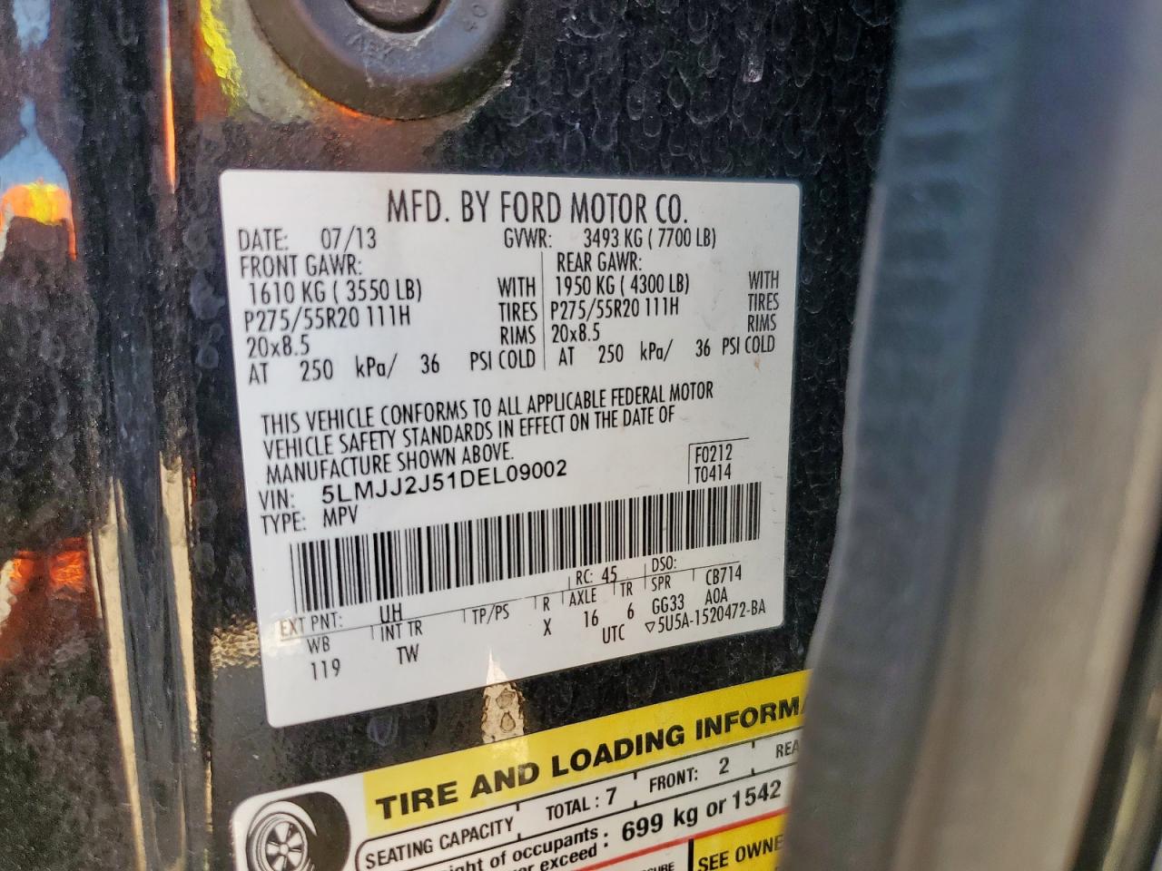 2013 Lincoln Navigator VIN: 5LMJJ2J51DEL09002 Lot: 84785345