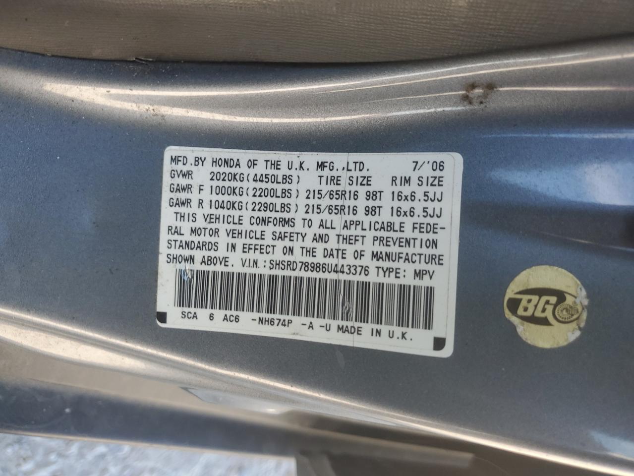 2006 Honda Cr-V Se VIN: SHSRD78986U443376 Lot: 81942285