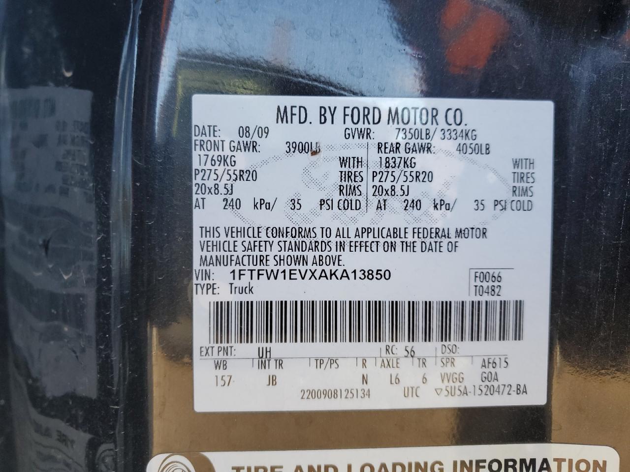 2010 Ford F150 Supercrew VIN: 1FTFW1EVXAKA13850 Lot: 90047175