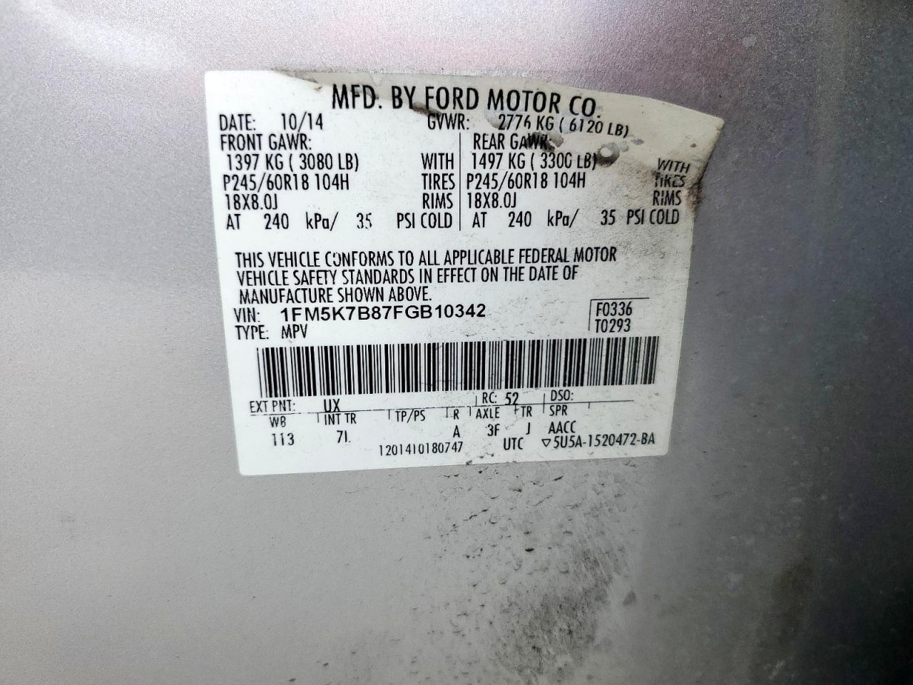 2015 Ford Explorer VIN: 1FM5K7B87FGB10342 Lot: 85527615