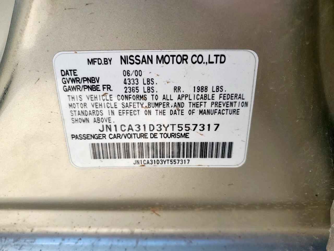 2000 Nissan Maxima Gle VIN: JN1CA31D3YT557317 Lot: 86238125