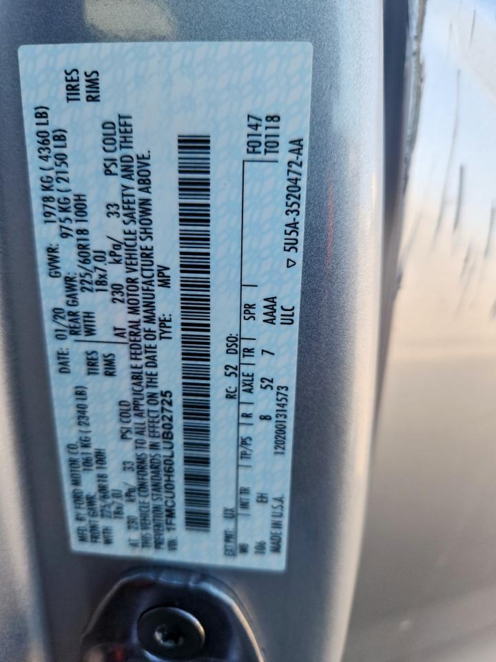 2020 Ford Escape Sel VIN: 1FMCU0H60LUB02725 Lot: 86454995