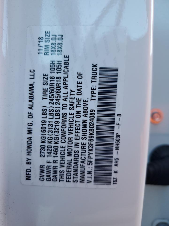 2019 Honda Ridgeline Rtl VIN: 5FPYK3F69KB024089 Lot: 86475215