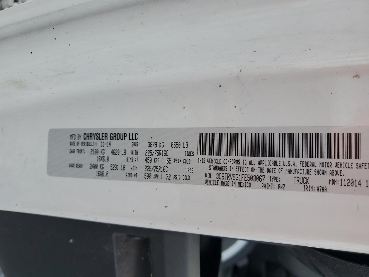 2015 Ram Promaster 1500 1500 High VIN: 3C6TRVBG1FE503067 Lot: 84955245