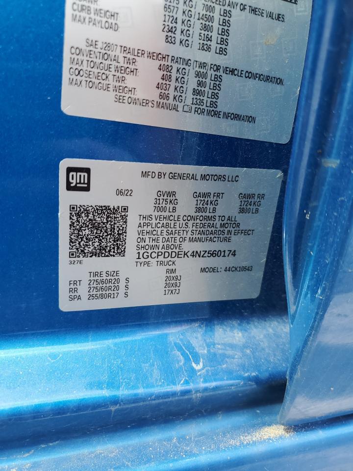 2022 Chevrolet Silverado K1500 Lt VIN: 1GCPDDEK4NZ560174 Lot: 85732985