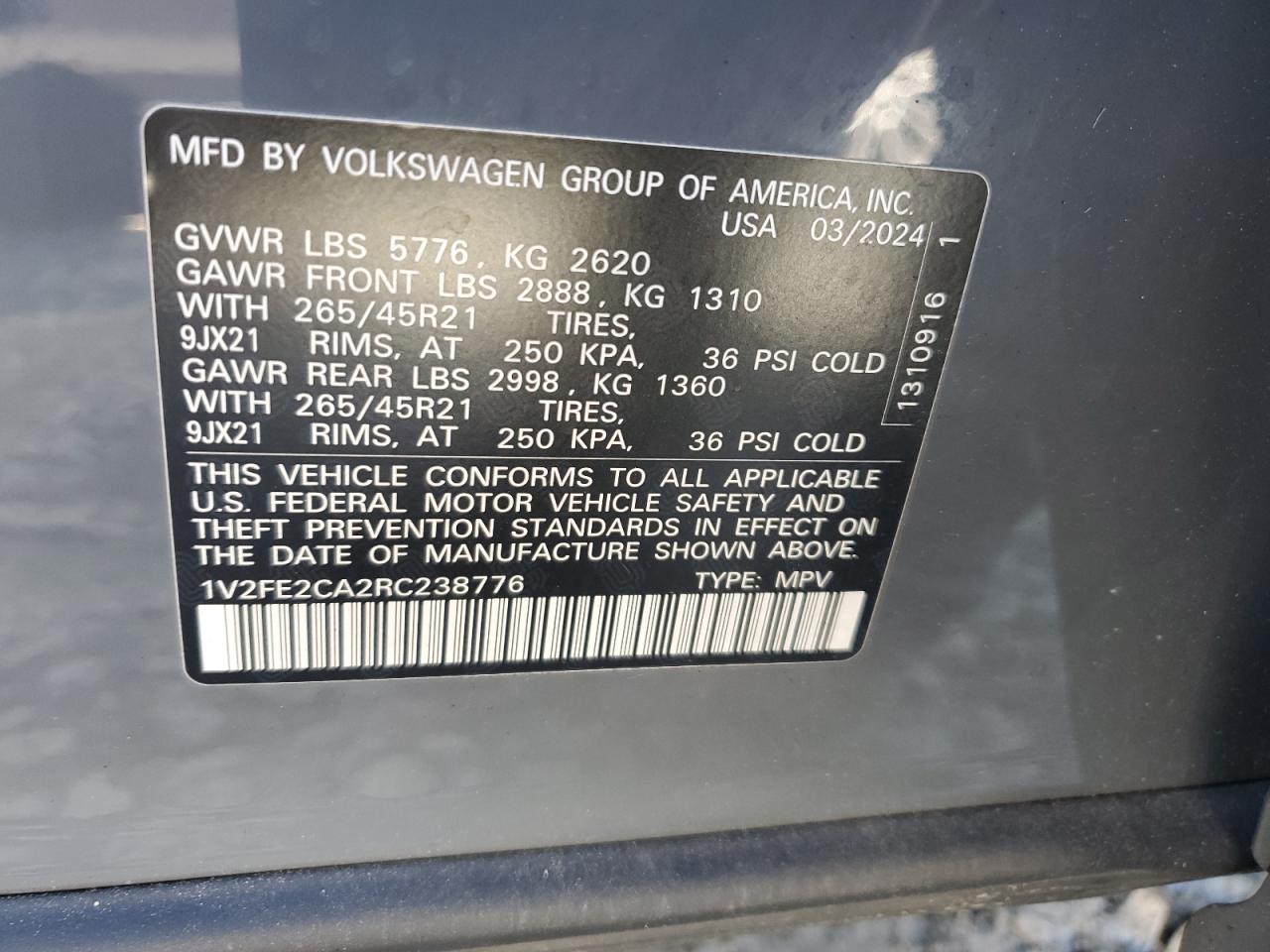 2024 Volkswagen Atlas Cross Sport Sel Premium R-Line VIN: 1V2FE2CA2RC238776 Lot: 82517505