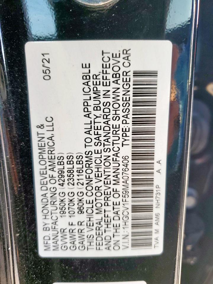 2021 Honda Accord Exl VIN: 1HGCV1F59MA076406 Lot: 84793475
