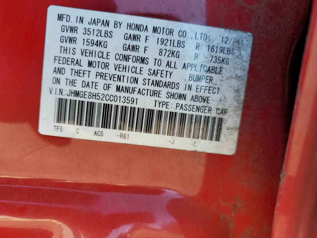2012 Honda Fit Sport VIN: JHMGE8H52CC013591 Lot: 85198385