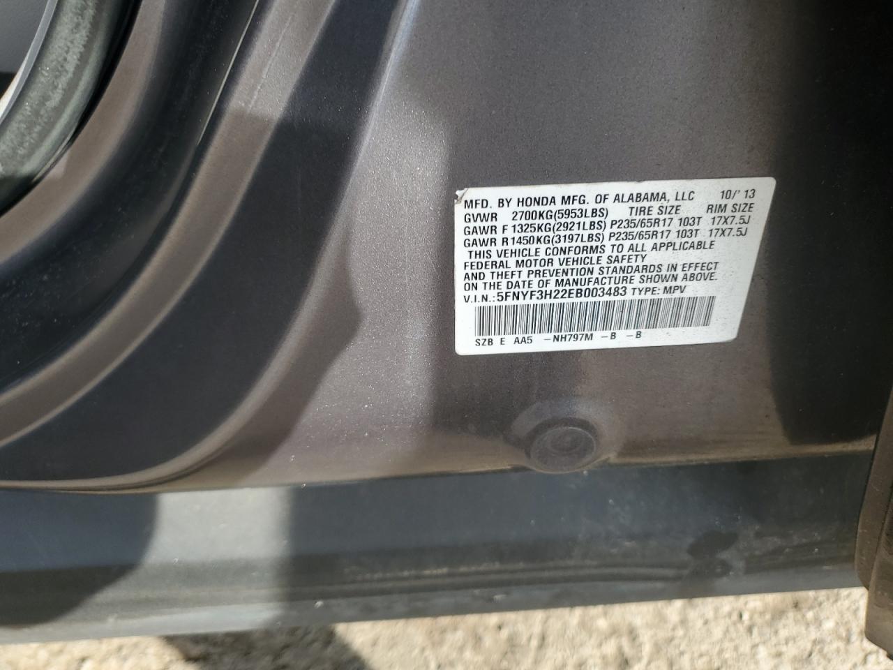 2014 Honda Pilot Lx VIN: 5FNYF3H22EB003483 Lot: 85275195