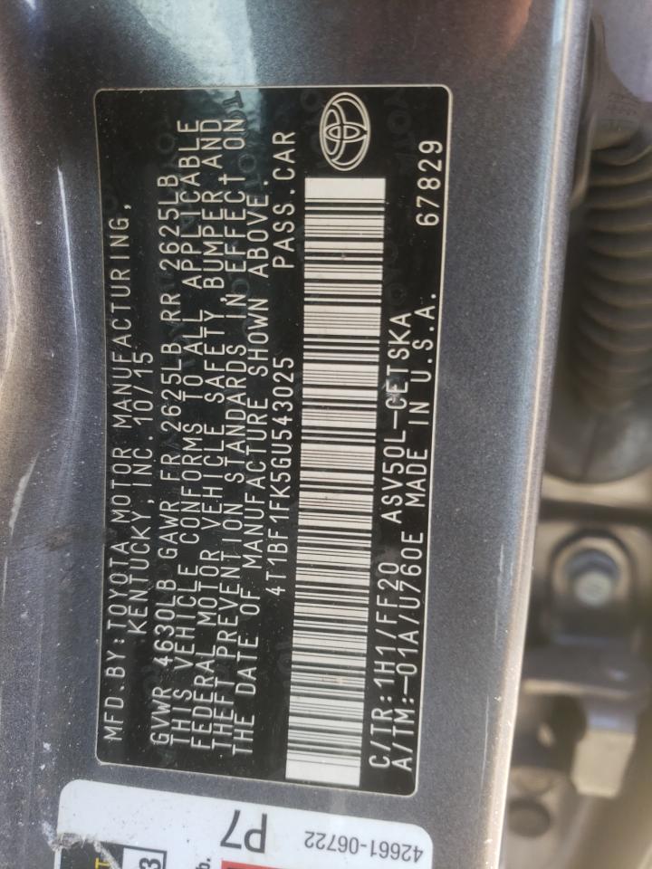 2016 Toyota Camry Le VIN: 4T1BF1FK5GU543025 Lot: 85526305