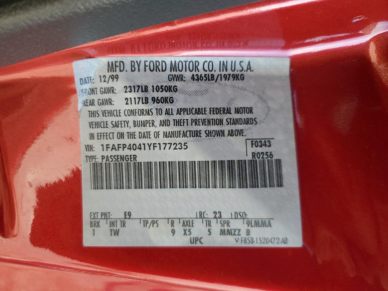 2000 Ford Mustang VIN: 1FAFP4041YF177235 Lot: 86672405