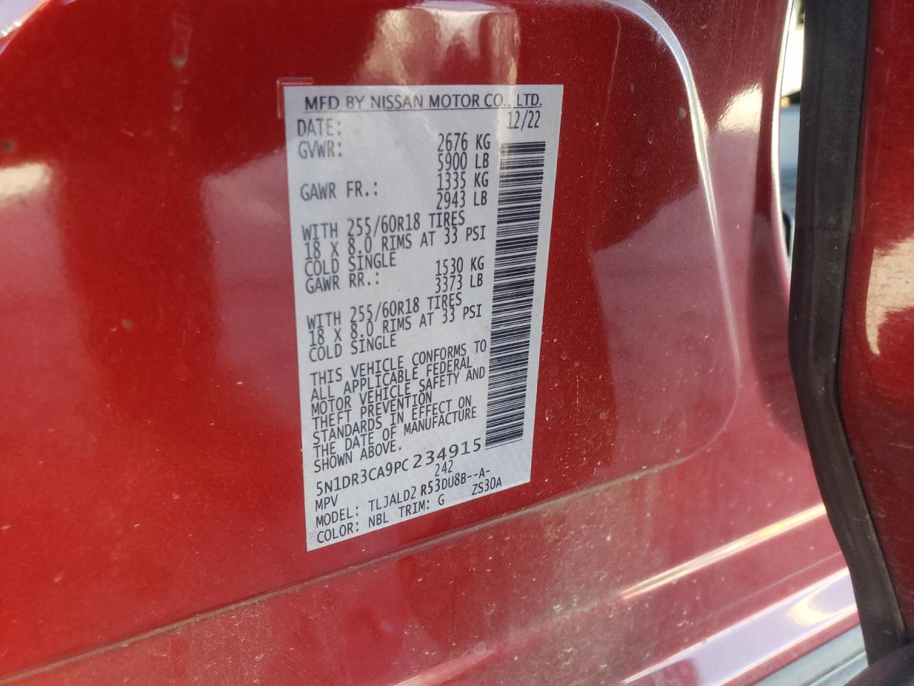 2023 Nissan Pathfinder Sl VIN: 5N1DR3CA9PC234915 Lot: 86477035